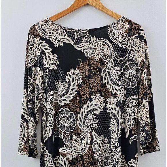 JM Studio Sheath Dress 2X Black Cream Floral Neutral Fall Lightweight Stretch - Picture 9 of 9